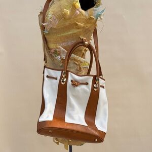 Valentina Genuine Leather Bucket Tote Bag White & Tan Made in Italy + Strap
